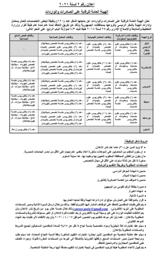 اعلان توظيف من الهيئة العامة للرقابة على الصادرات والواردات
